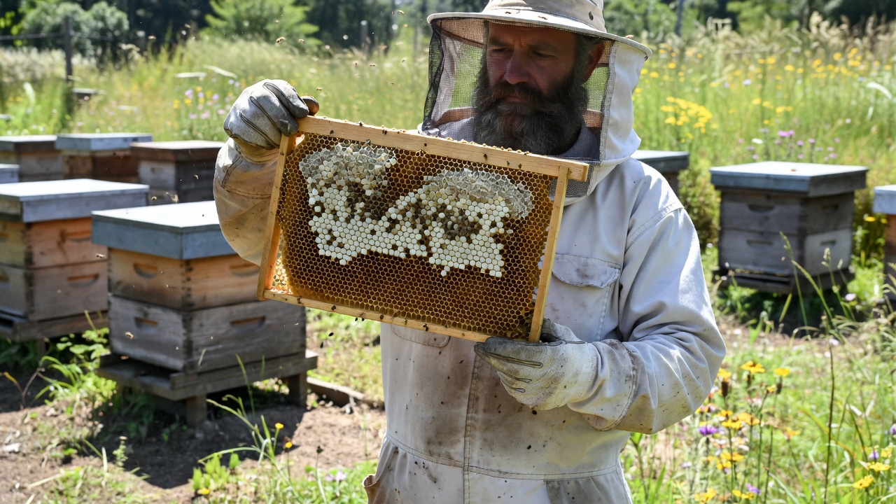A bearded beekeeper in a veil holding a brood frame up to bright sunlight to check the pattern of capped cells