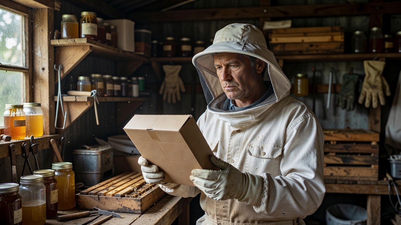 A beekeeper in a garden shed carefully reading the label on a box of hive treatment