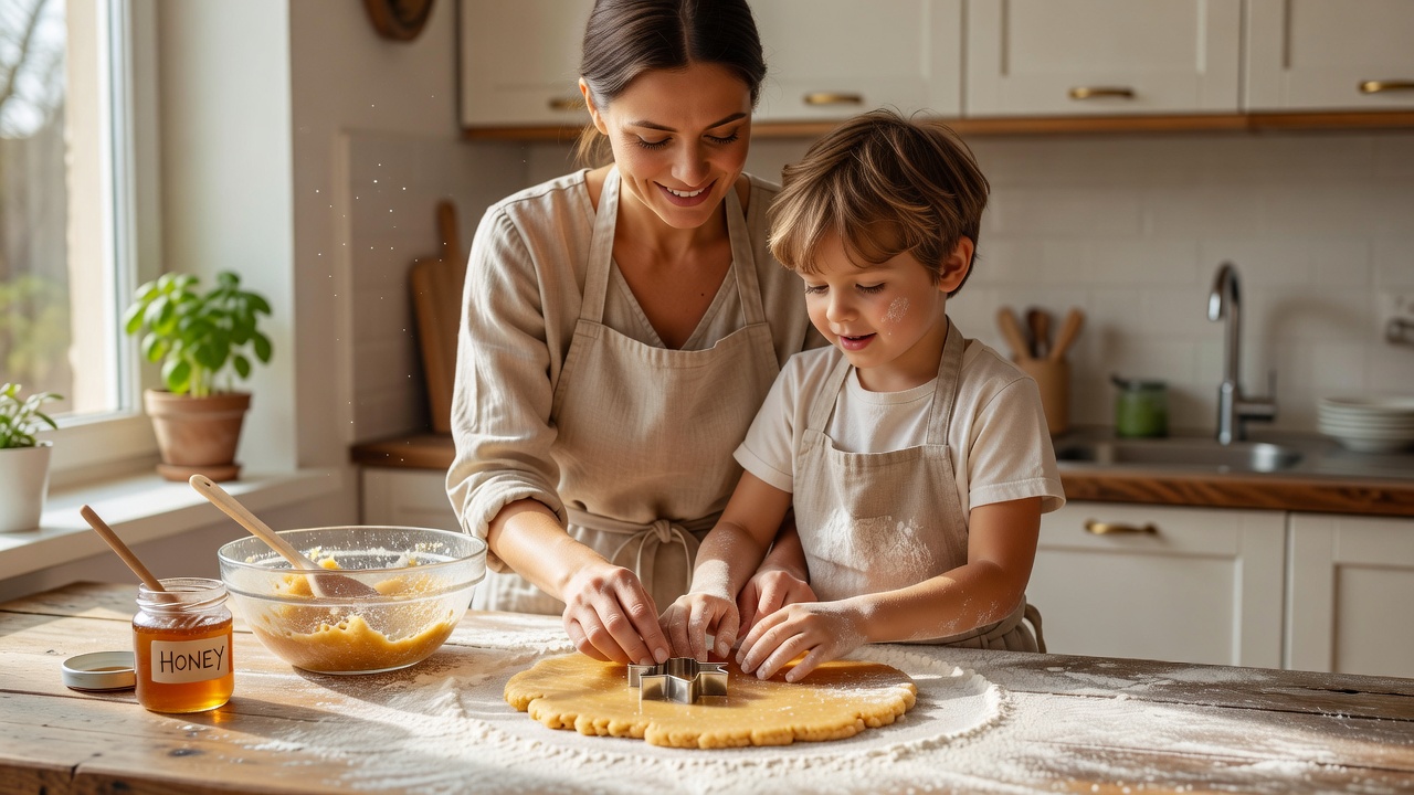 A parent and child baking honey cookies together in a bright home kitchen