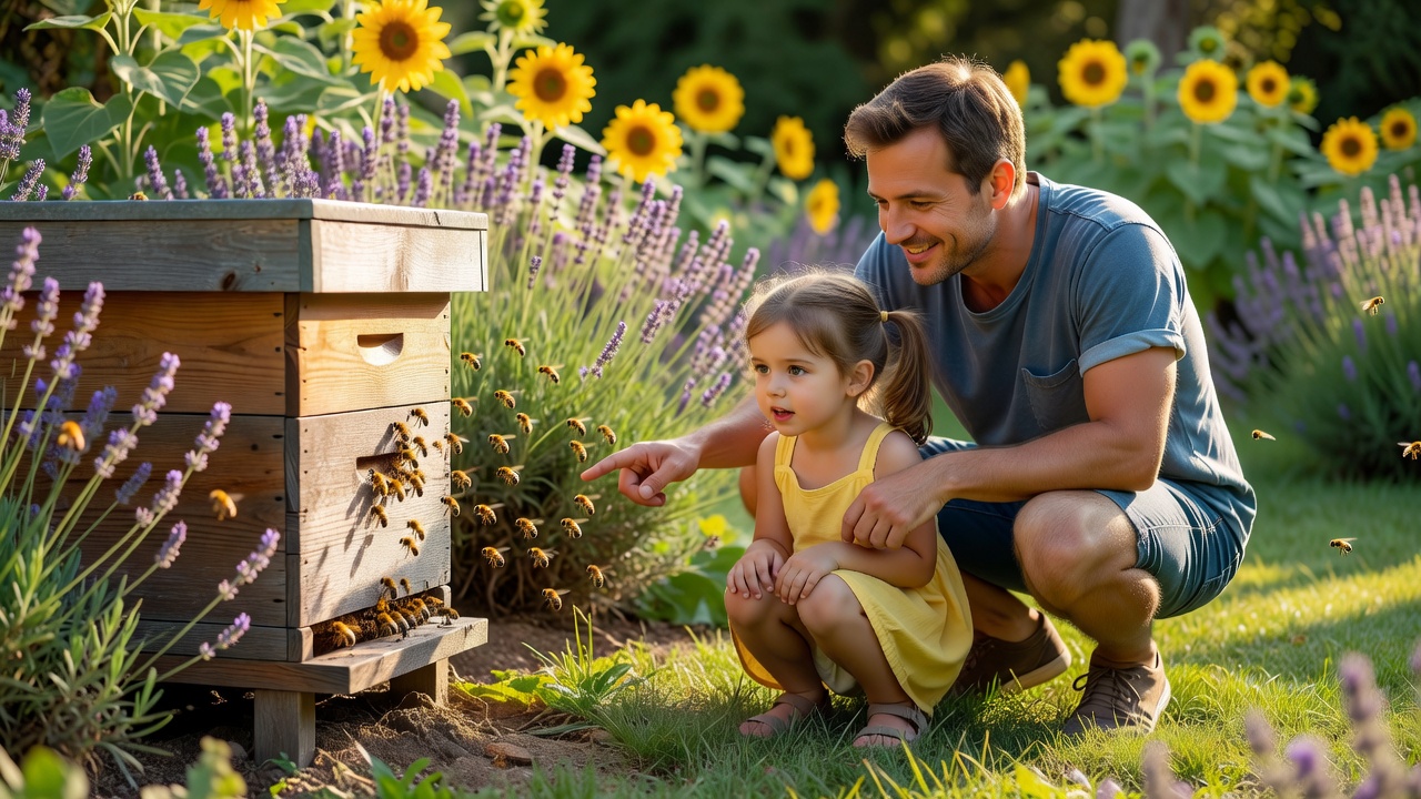 A father and young daughter crouching at a safe distance to watch bees coming and going from a hive entrance in their garden