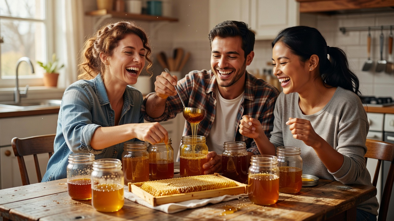 Three friends laughing around a kitchen table while filling glass jars with freshly extracted honey