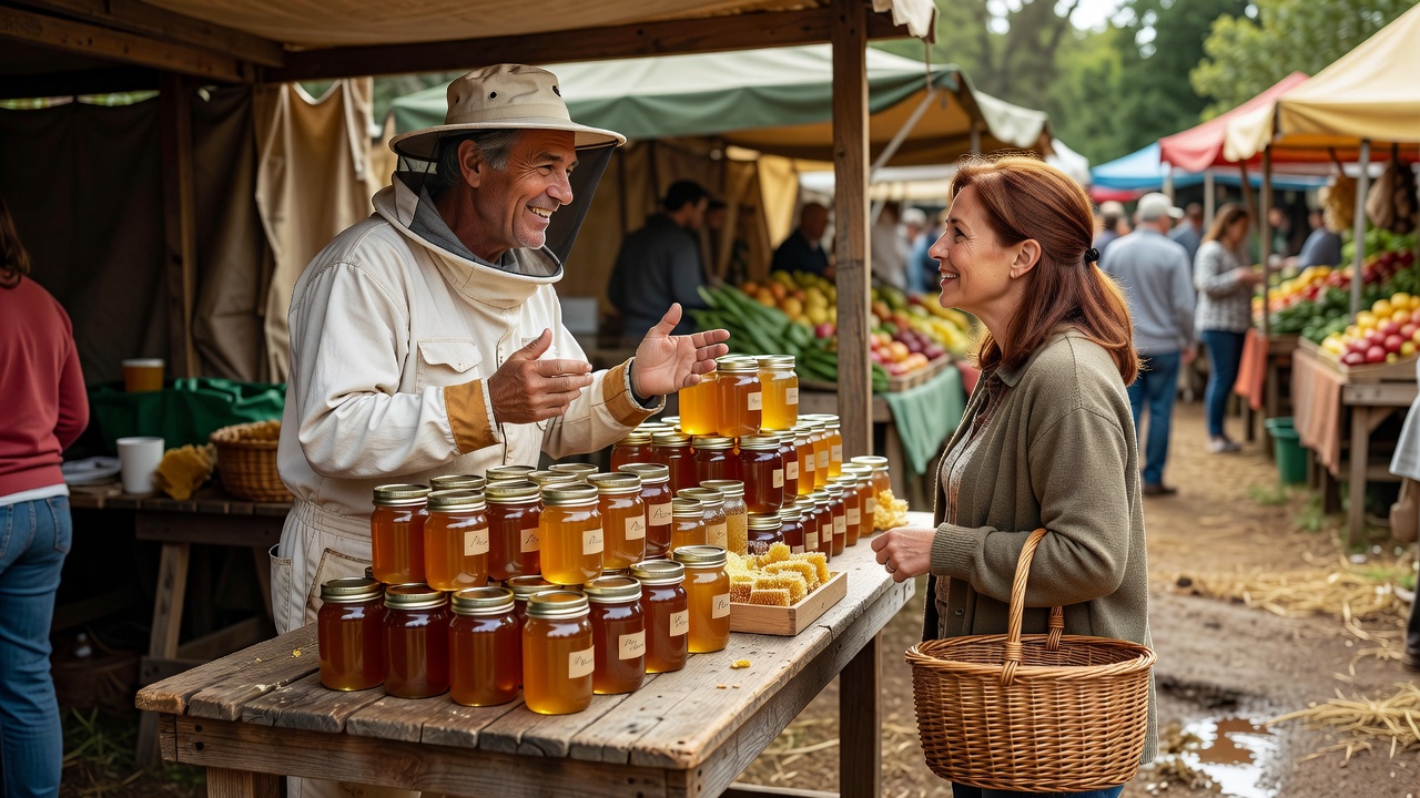 A beekeeper chatting with a customer at a weekend market stall stacked with jars of local honey