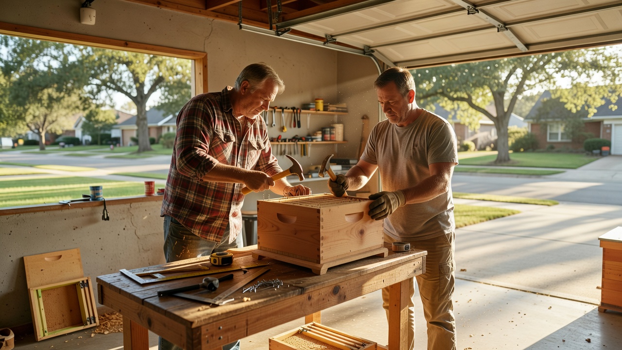 Two neighbours assembling a wooden beehive on a workbench in a sunlit garage