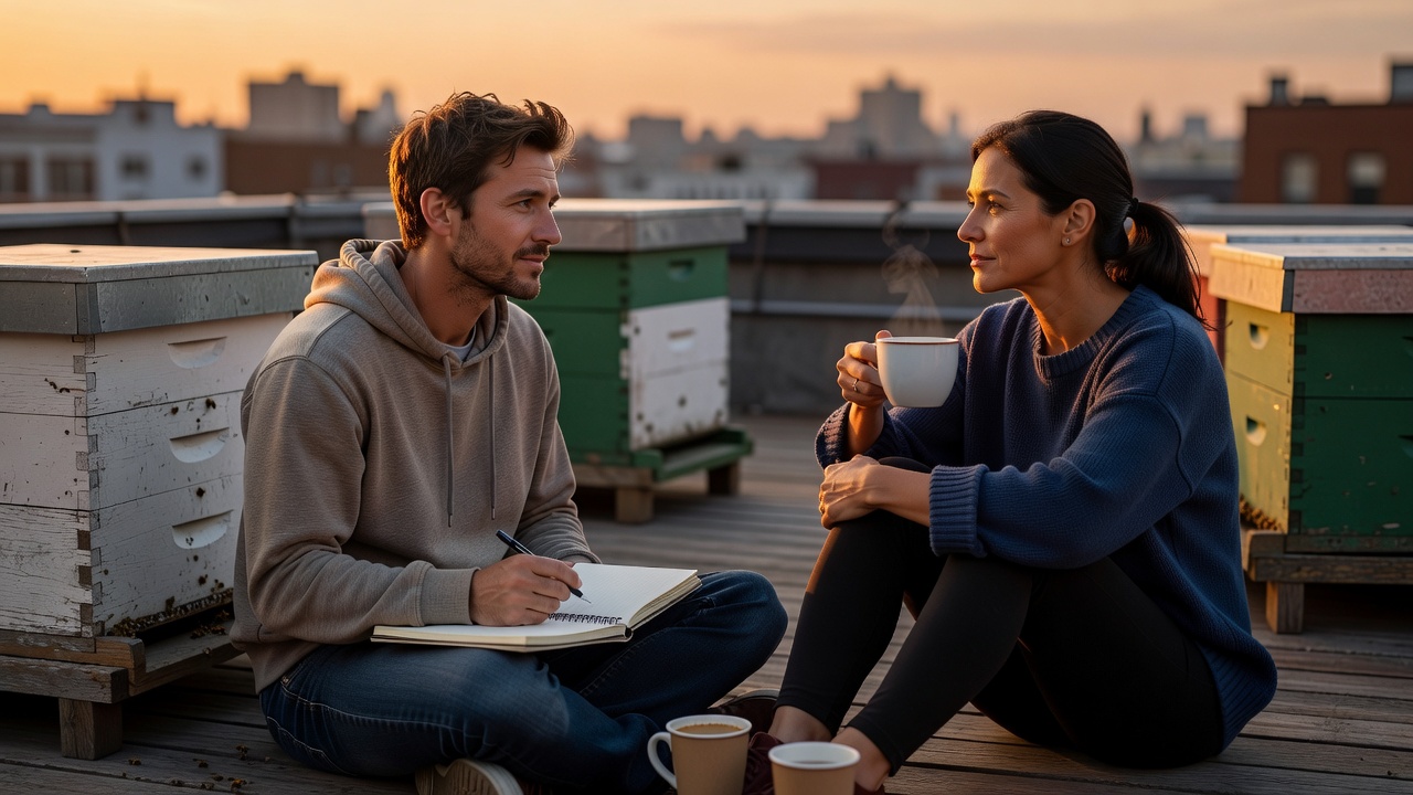 Two writers in casual clothes sitting beside rooftop beehives with an open notebook and coffee cups in soft evening light