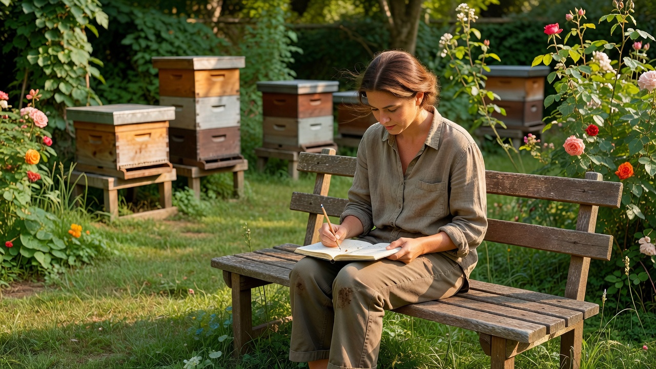 A person sitting on a garden bench writing in a notebook with beehives visible in the background