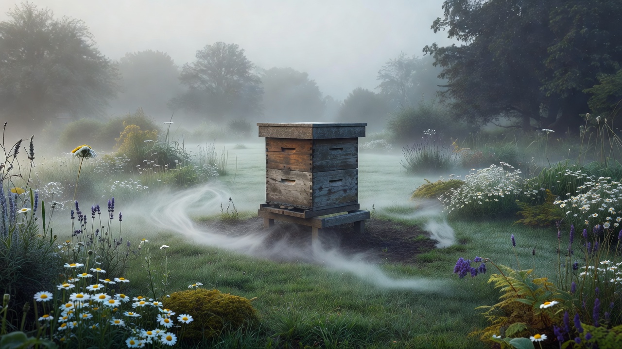 A single wooden beehive in a quiet garden on a misty morning with nobody around
